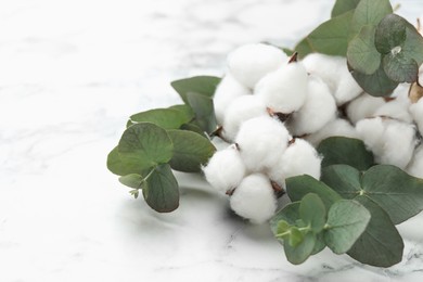 Photo of Eucalyptus branches and cotton flowers on white marble table, closeup. Space for text