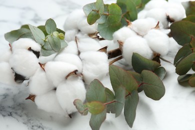 Photo of Eucalyptus branches and cotton flowers on white marble table, closeup
