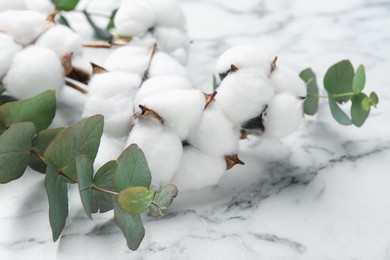 Photo of Eucalyptus branches and cotton flowers on white marble table, closeup