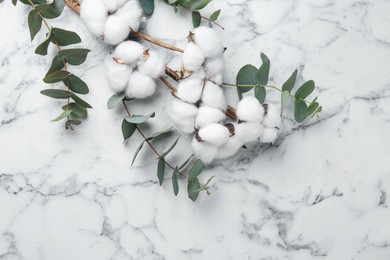 Photo of Eucalyptus branches and cotton flowers on white marble table, flat lay