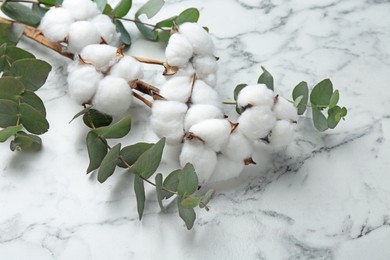 Photo of Eucalyptus branches and cotton flowers on white marble table, closeup