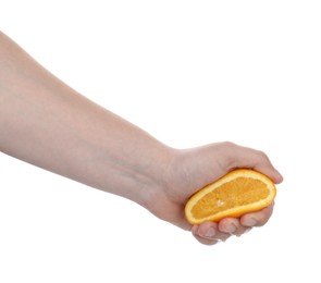 Photo of Woman squeezing orange on white background, closeup