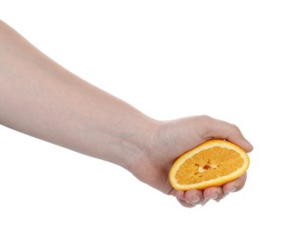 Photo of Woman squeezing orange on white background, closeup