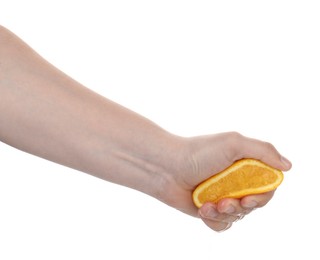 Photo of Woman squeezing orange on white background, closeup