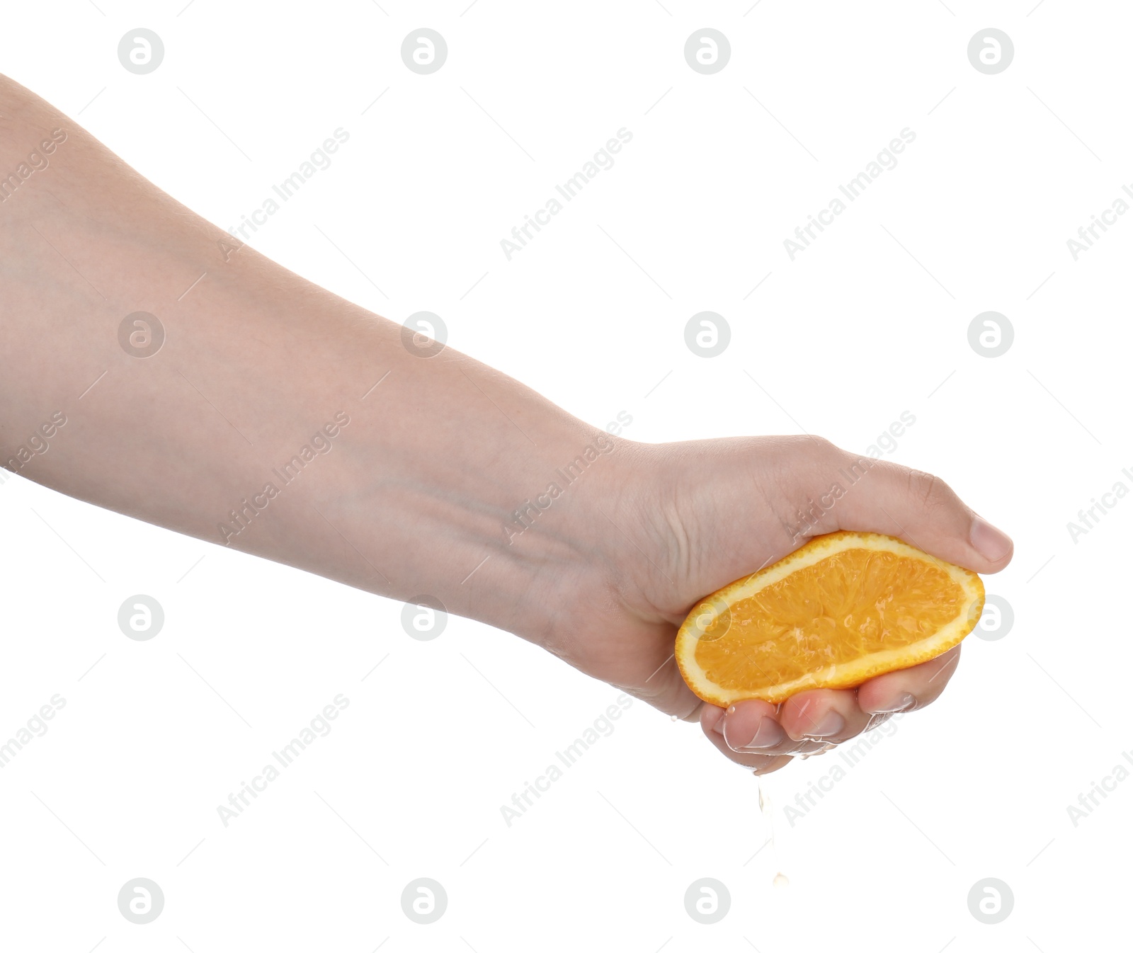 Woman squeezing orange on white background, closeup Photo of Woman squeezing orange on white background, closeup