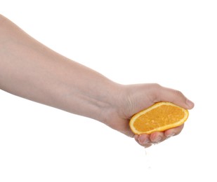 Photo of Woman squeezing orange on white background, closeup