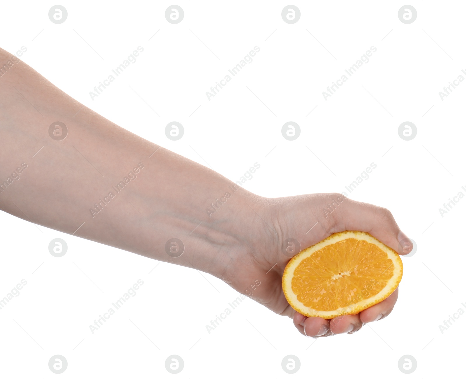 Woman squeezing orange on white background, closeup Photo of Woman squeezing orange on white background, closeup