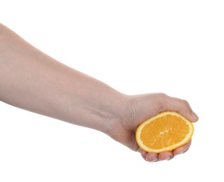 Photo of Woman squeezing orange on white background, closeup