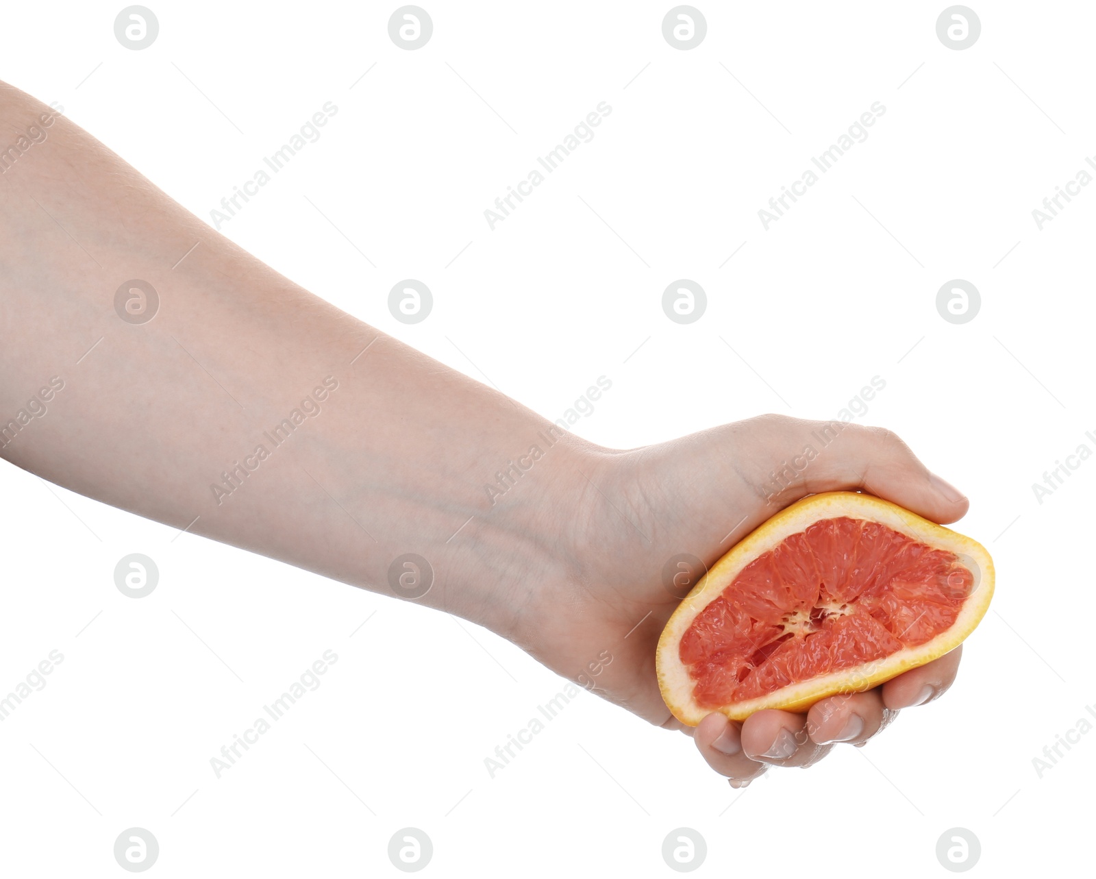 Woman squeezing grapefruit on white background, closeup Photo of Woman squeezing grapefruit on white background, closeup