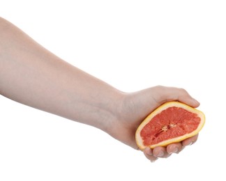 Photo of Woman squeezing grapefruit on white background, closeup
