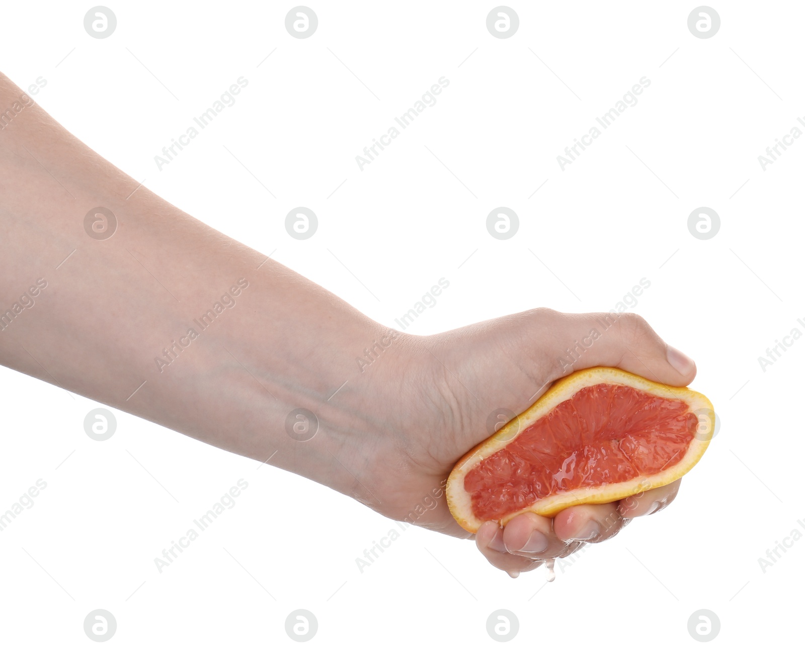 Woman squeezing grapefruit on white background, closeup Photo of Woman squeezing grapefruit on white background, closeup
