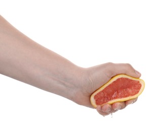 Photo of Woman squeezing grapefruit on white background, closeup