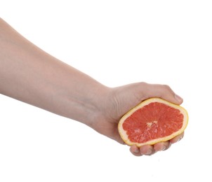 Photo of Woman squeezing grapefruit on white background, closeup