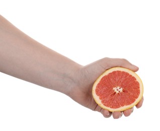 Photo of Woman with grapefruit on white background, closeup