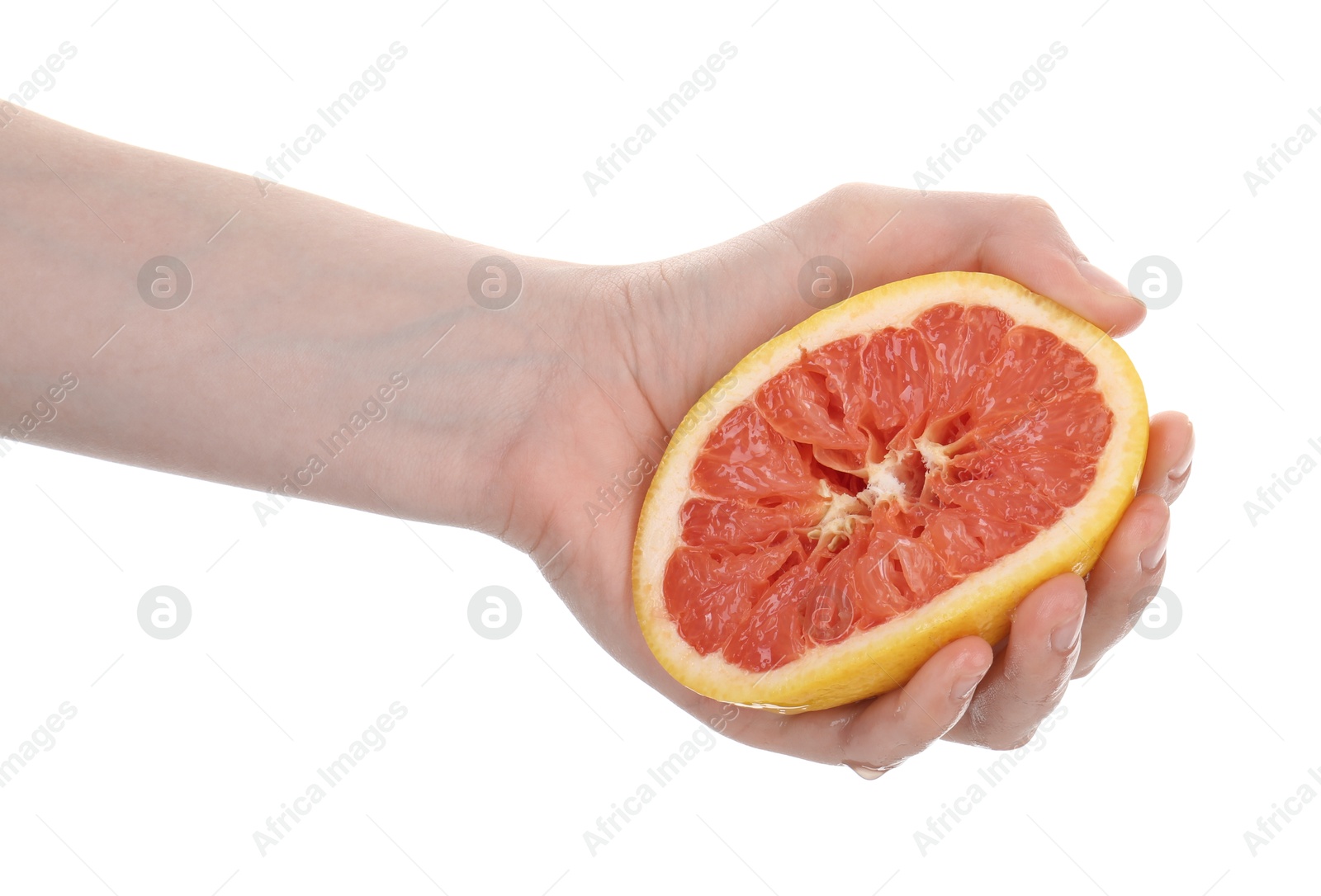 Woman squeezing grapefruit on white background, closeup Photo of Woman squeezing grapefruit on white background, closeup