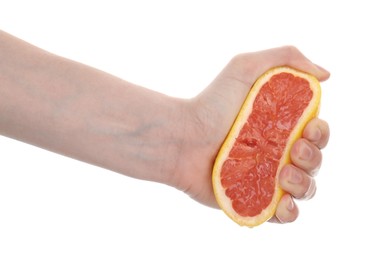 Photo of Woman squeezing grapefruit on white background, closeup