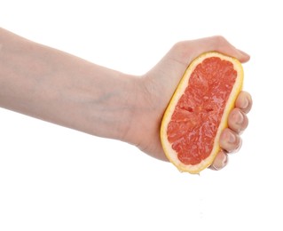 Photo of Woman squeezing grapefruit on white background, closeup