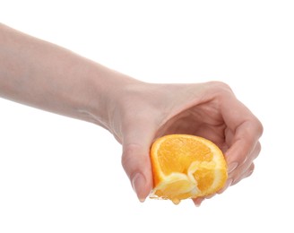 Photo of Woman squeezing orange on white background, closeup