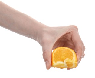Photo of Woman squeezing orange on white background, closeup