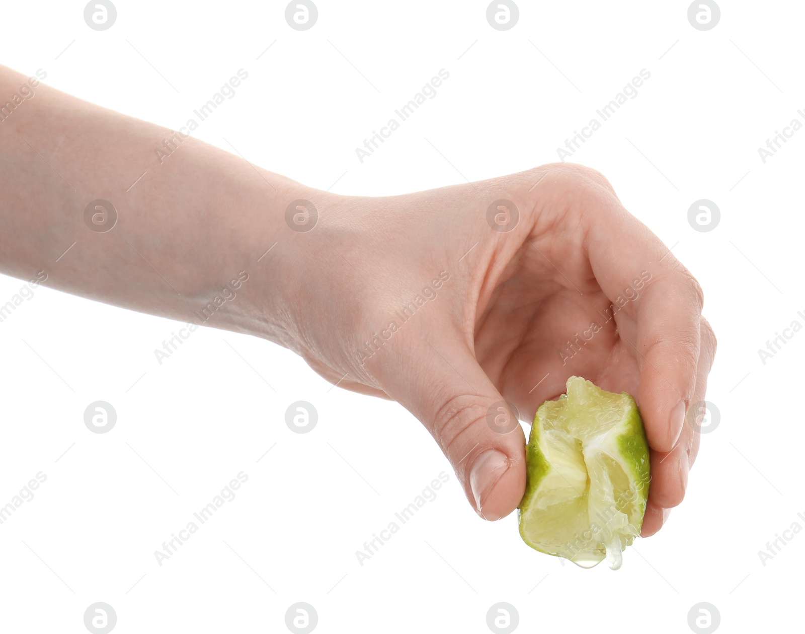 Woman squeezing lime on white background, closeup Photo of Woman squeezing lime on white background, closeup