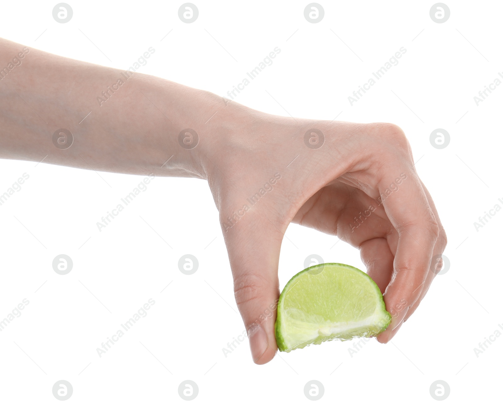 Woman squeezing lime on white background, closeup Photo of Woman squeezing lime on white background, closeup