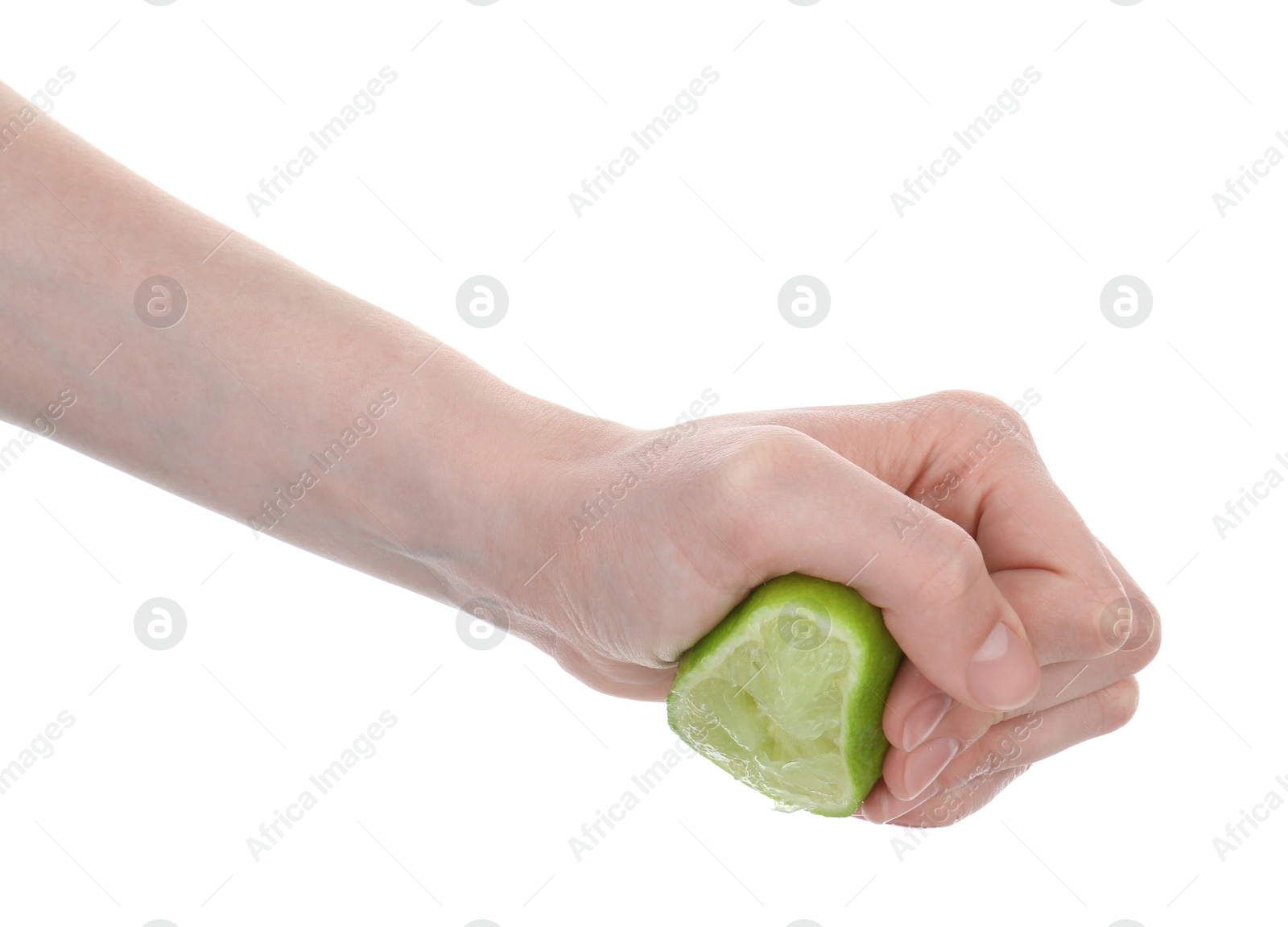 Woman squeezing lime on white background, closeup Photo of Woman squeezing lime on white background, closeup