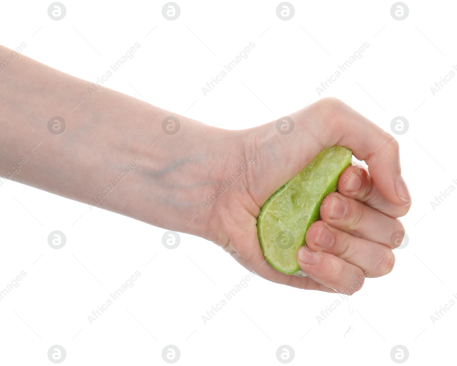 Woman squeezing lime on white background, closeup Photo of Woman squeezing lime on white background, closeup