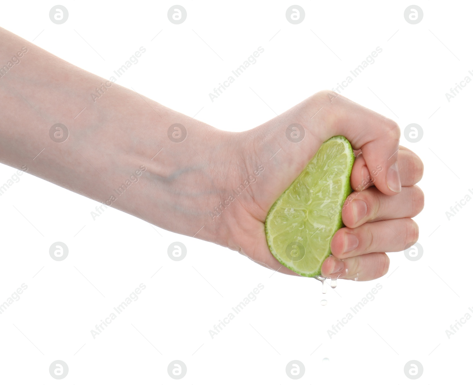 Woman squeezing lime on white background, closeup Photo of Woman squeezing lime on white background, closeup