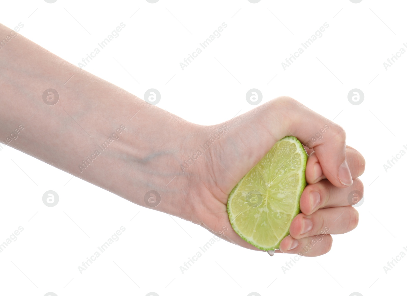 Woman squeezing lime on white background, closeup Photo of Woman squeezing lime on white background, closeup