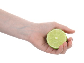 Photo of Woman with lime on white background, closeup