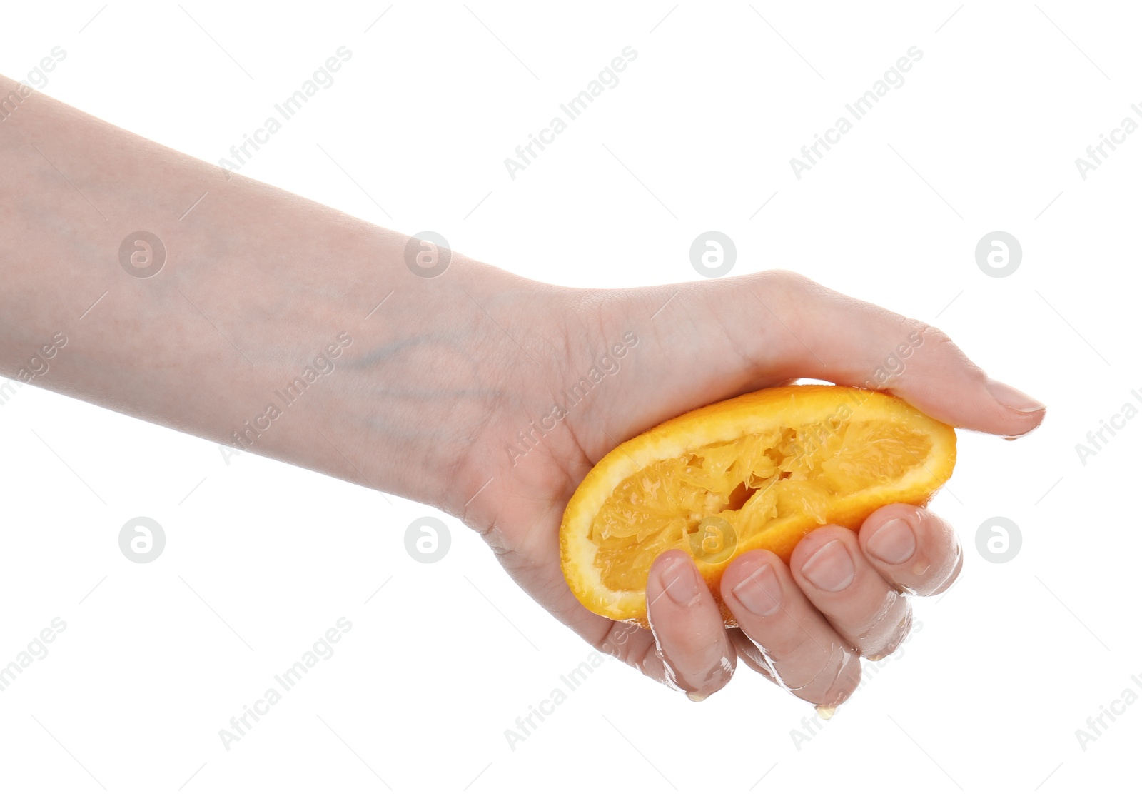 Woman squeezing orange on white background, closeup Photo of Woman squeezing orange on white background, closeup