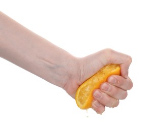 Photo of Woman squeezing orange on white background, closeup