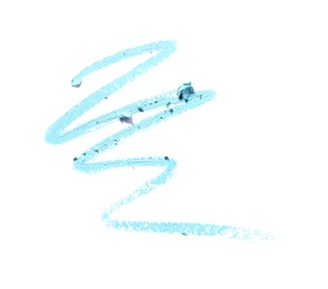 Photo of Light blue eye pencil strokes isolated on white, top view