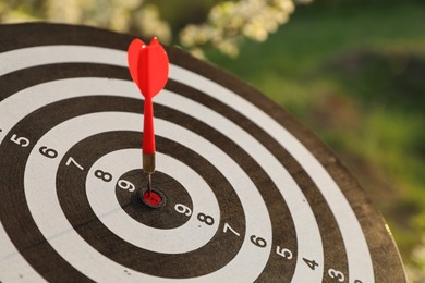 Photo of Targeting. Dart board with arrow outdoors, closeup