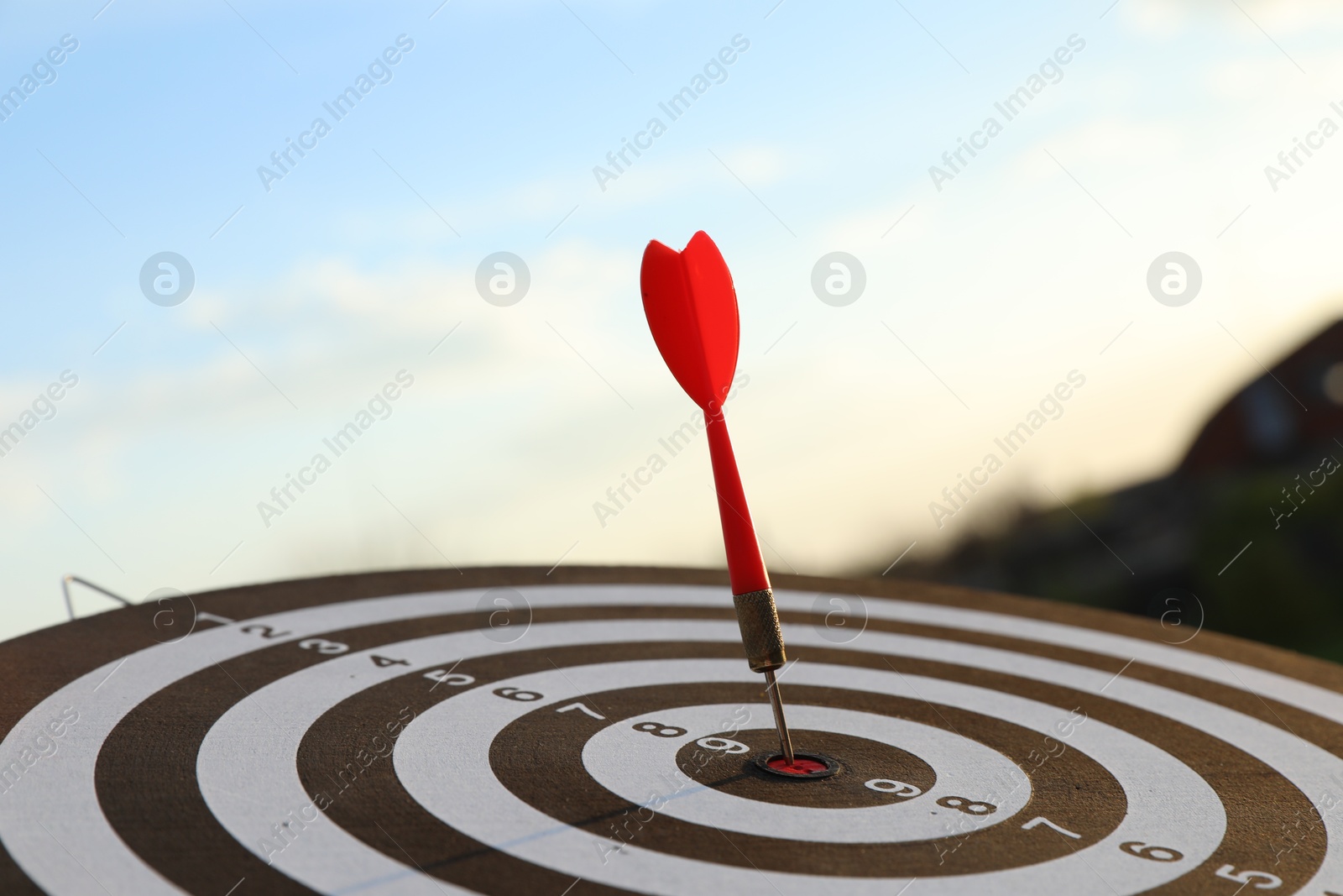 Targeting. Dart board with arrow outdoors, closeup Photo of Targeting. Dart board with arrow outdoors, closeup