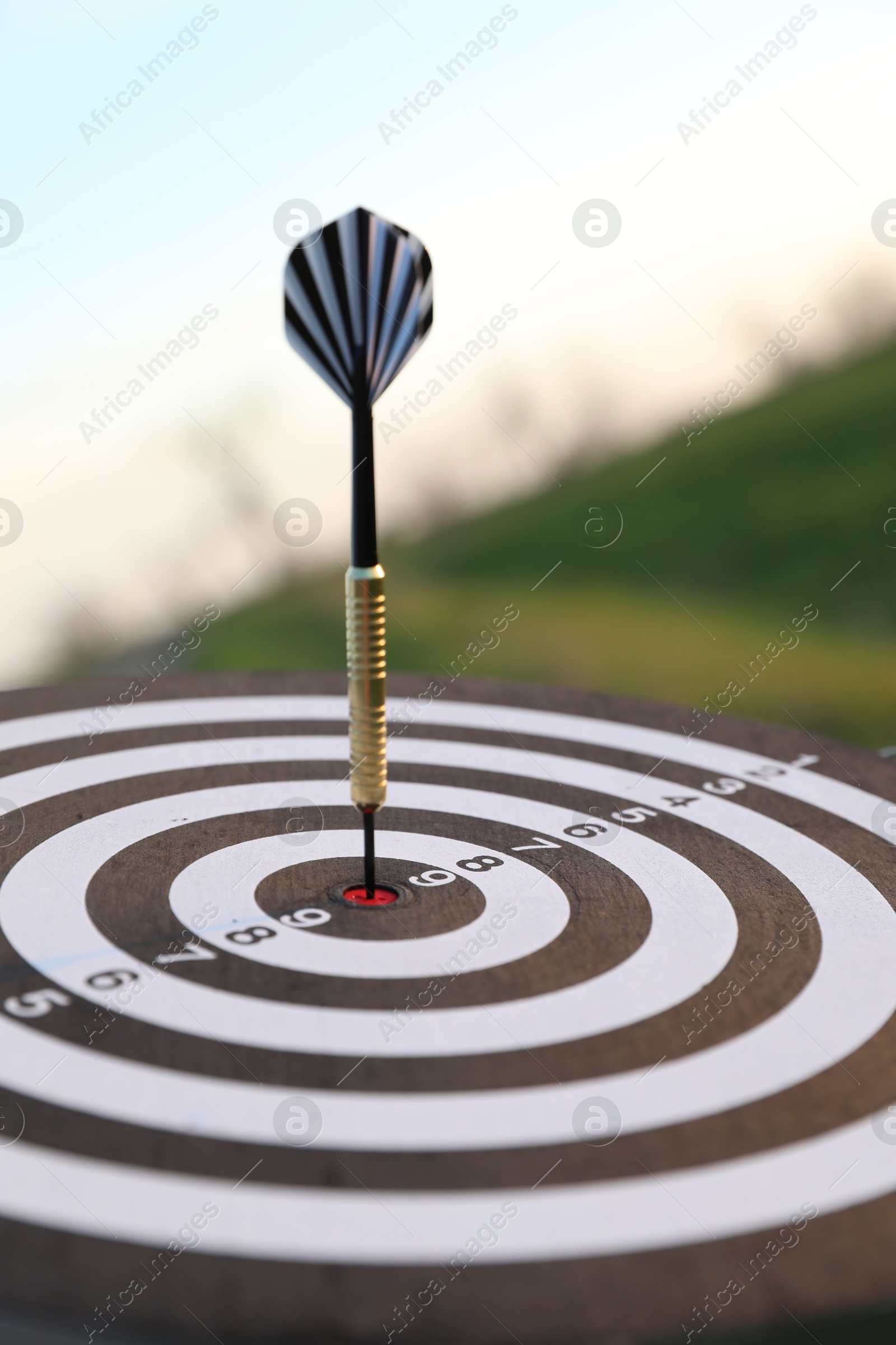 Targeting. Dart board with arrow outdoors, closeup Photo of Targeting. Dart board with arrow outdoors, closeup