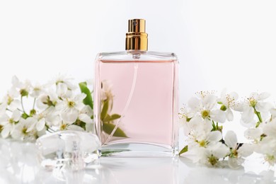 Photo of Aromatic perfume and beautiful flowers on white background, closeup