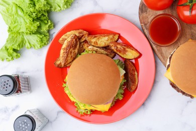 Photo of Tasty cheeseburger with potato wedges and ketchup on white marble table, flat lay