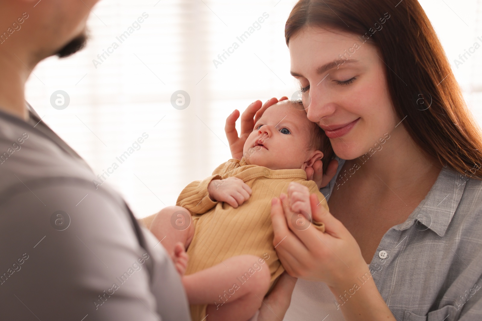 Parents with their cute newborn baby indoors Photo of Parents with their cute newborn baby indoors