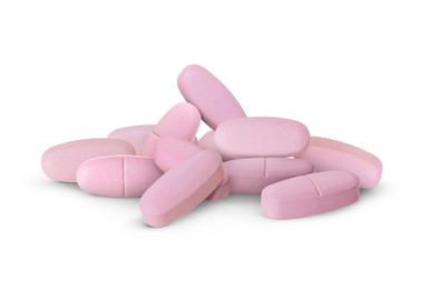 Image of Antibiotic pills. Pink tablets on white background