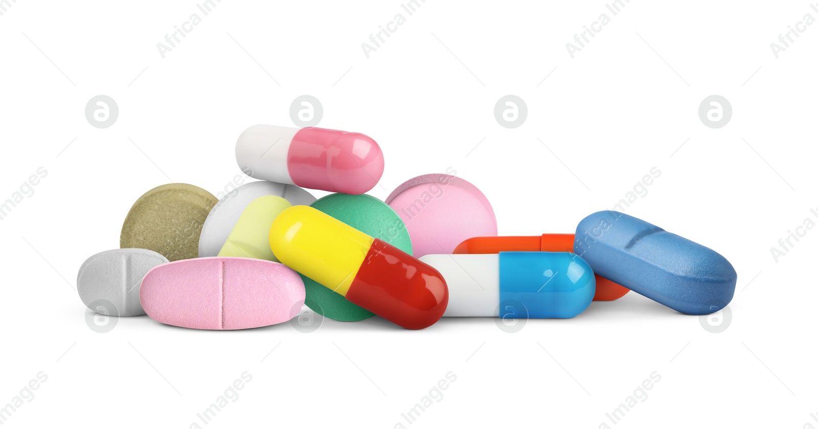 Many different antibiotic pills on white background Image of Many different antibiotic pills on white background
