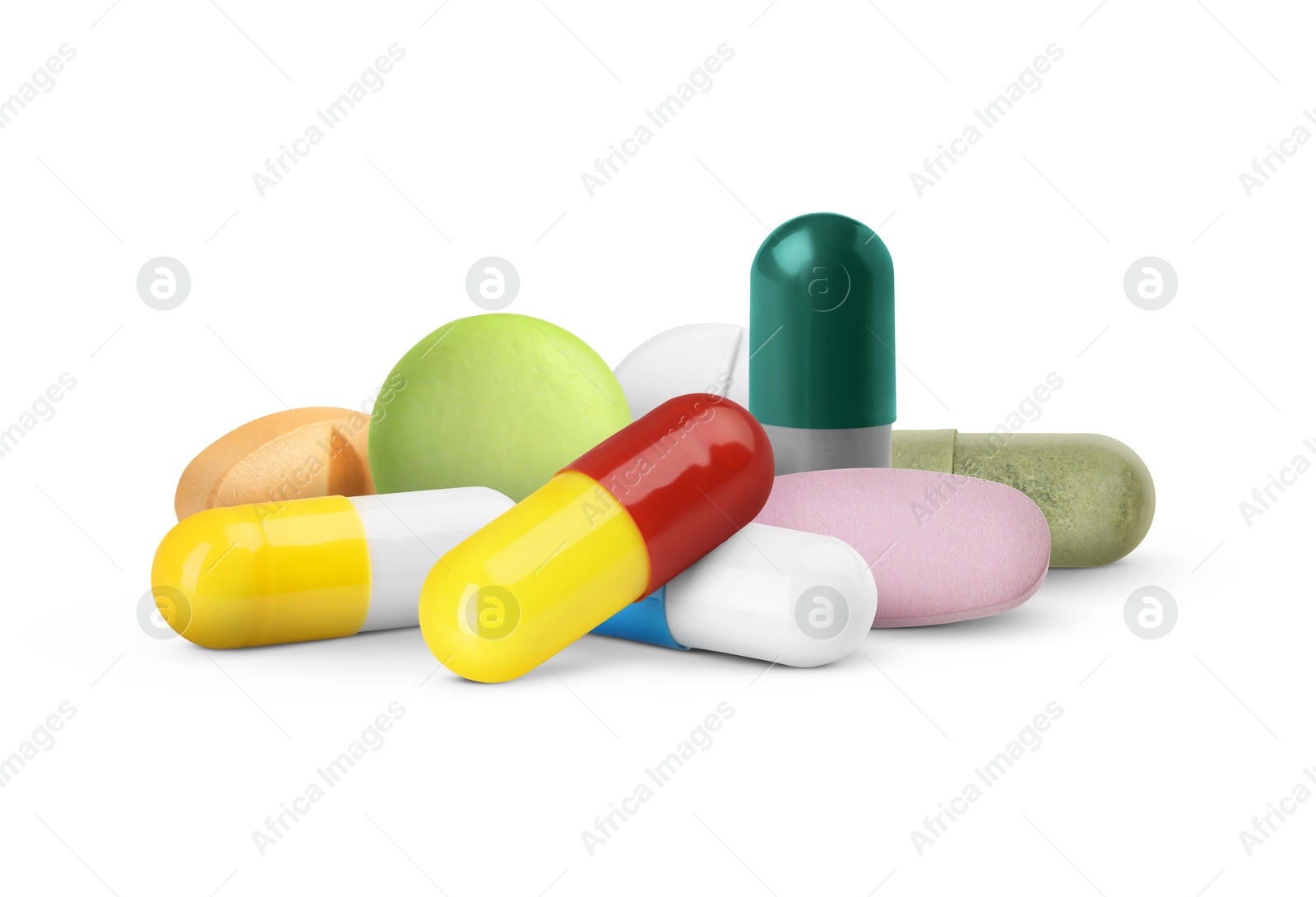 Many different antibiotic pills on white background Image of Many different antibiotic pills on white background