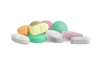 Image of Many different antibiotic pills on white background