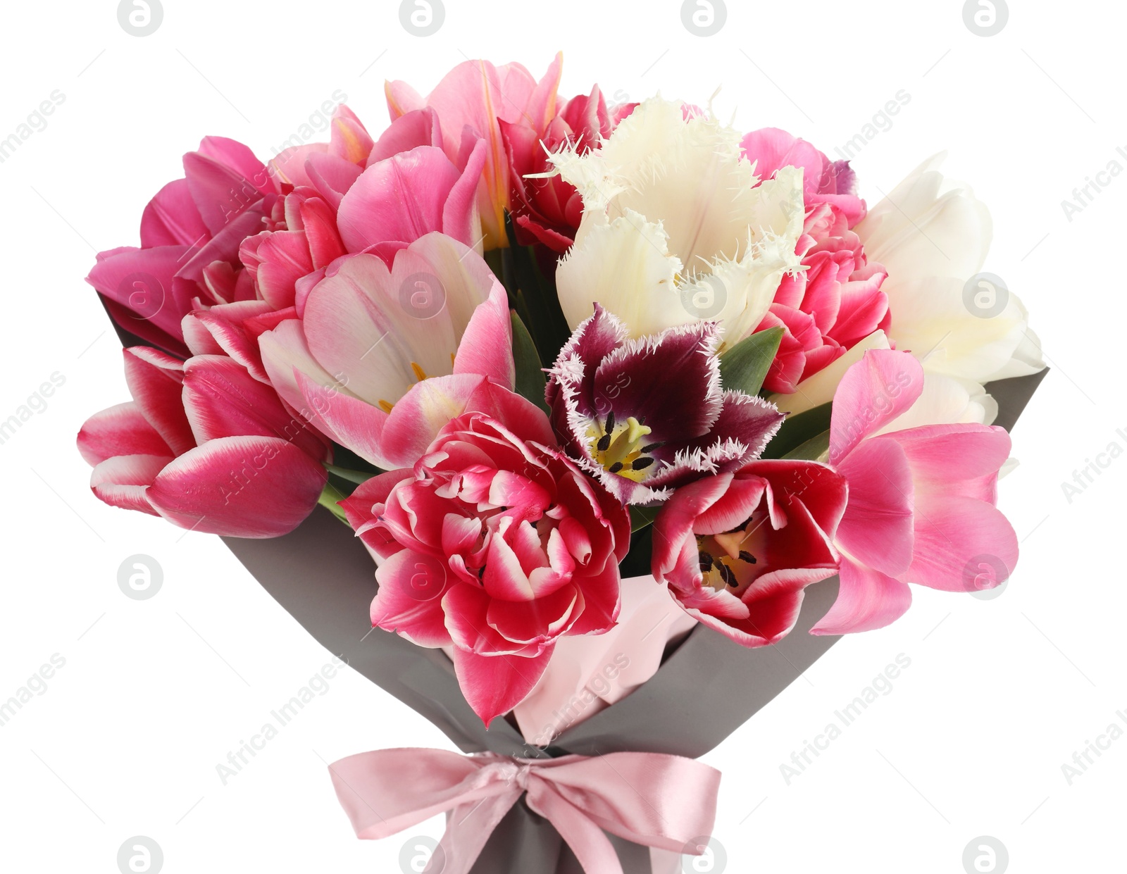 Bouquet of beautiful tulips isolated on white Photo of Bouquet of beautiful tulips isolated on white