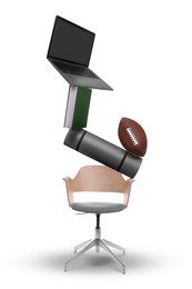 Image of Work-life balance. Tower of laptop, book, ball, mat and office chair on white background