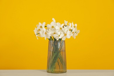 Photo of Beautiful daffodils in vase on table against yellow background