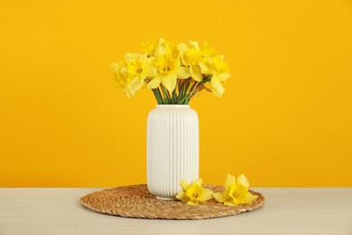 Photo of Beautiful daffodils in vase on table against yellow background