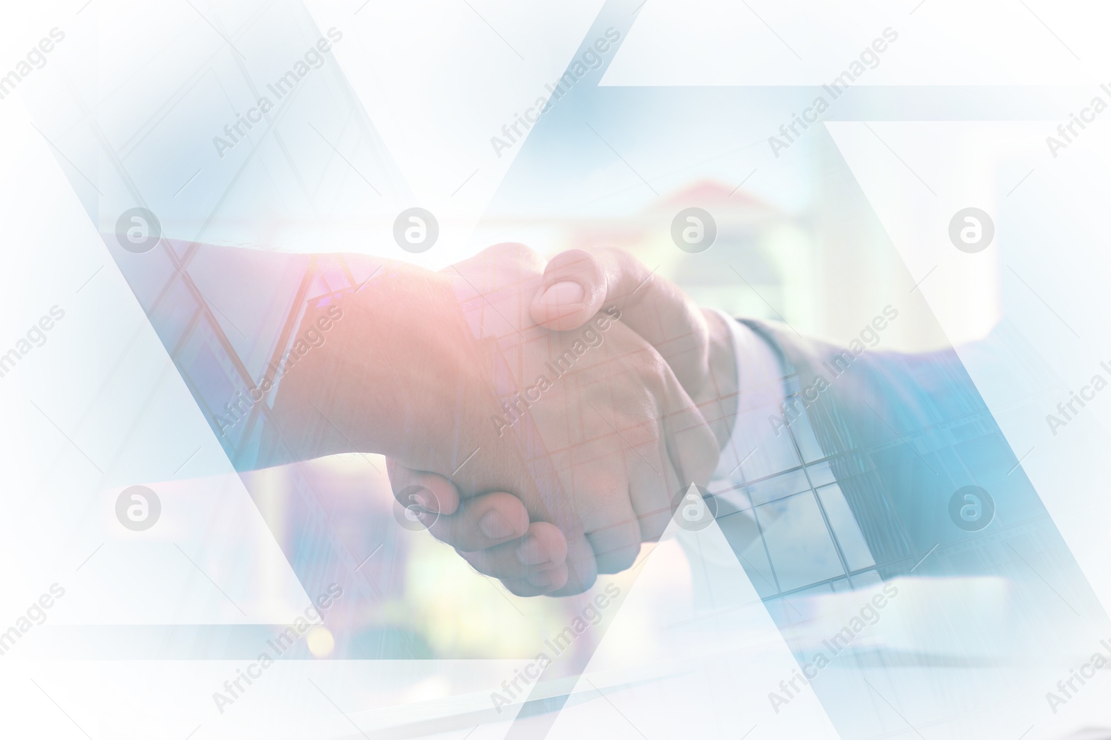 Double exposure with cityscape and photo of businesspeople shaking hands. Deal or partnership concept Image of Double exposure with cityscape and photo of businesspeople shaking hands. Deal or partnership concept