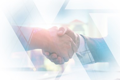 Image of Double exposure with cityscape and photo of businesspeople shaking hands. Deal or partnership concept