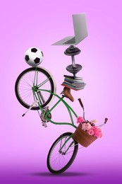 Image of Work-life balance. Tower of laptop, dumbbell, books, soccer ball and bicycle on violet gradient background